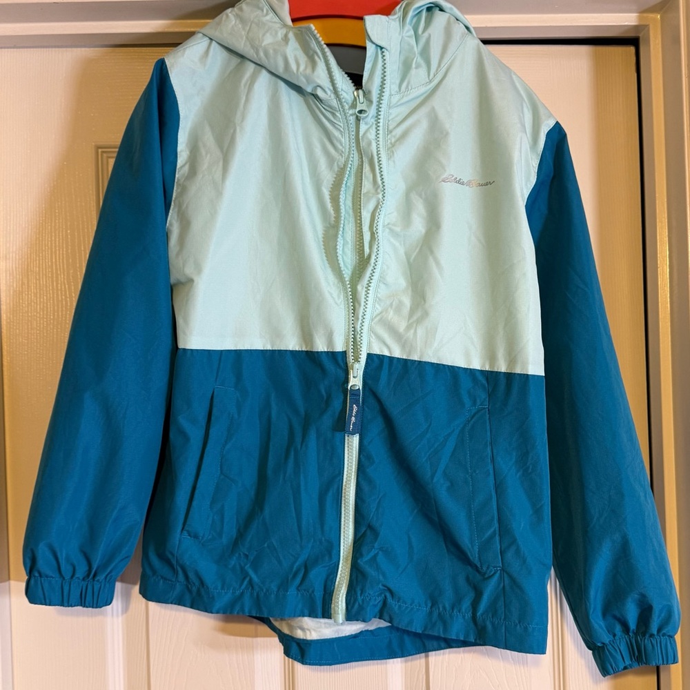 Eddie Bauer girls Teal and Light Blue Raincoat